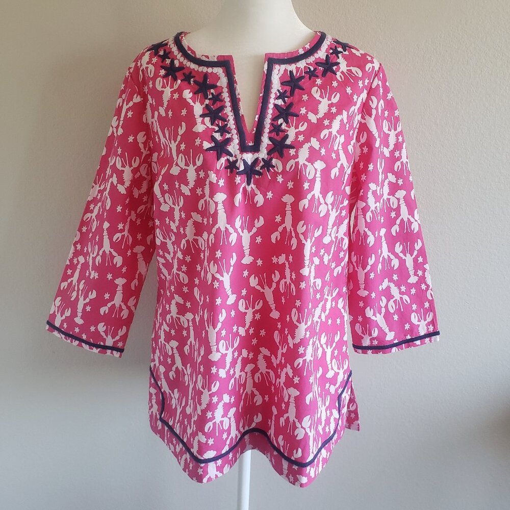 TALBOTS Blouse Shirt Size M Petite Lobster Starfish Cotton Popover Pink Coastal